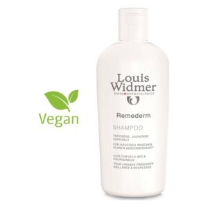 Weißer Shampoo-Flakon von Louis Widmer mit grüner Vegan-Kennzeichnung, geeignet für trockene, juckende Kopfhaut.