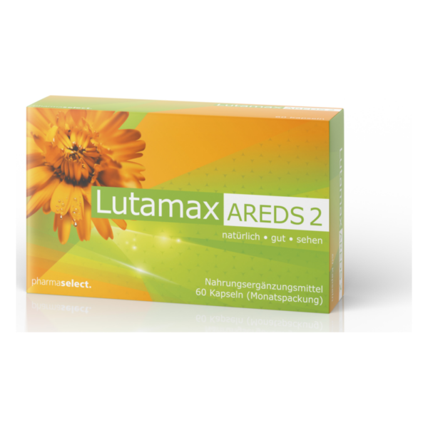 Verpackung des Nahrungsergänzungsmittels Lutamax AREDS 2 in einer farbenfrohen Box mit Blumenmotiv.