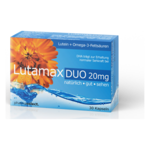 Packung mit 30 Kapseln LutamaxDUO 20mg, mit marigold-blütendem Design, Informationen zu Lutein und Omega-3-Fettsäuren.
