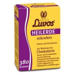 Verpackung von Luvos Heilerde mikrofine, gelbes Pulver zur Einnahme zur Cholesterinbindung, 380 Gramm.