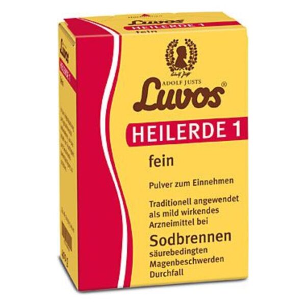 Verpackung von Luvos Heilerde 1, feines Pulver zur Einnahme, in gelbem Karton mit rotem Deckel und Schriftzug.