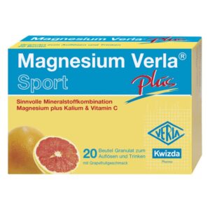 Verpackung von Magnesium Verla Sport mit weißen und blauen Schriftzügen sowie Abbildung einer Grapefruit.