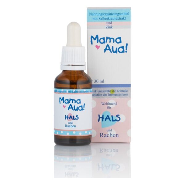 Braune Flasche mit Tropfer, beschriftet mit "Mama Aua! Hals und Rachen", begleitet von einer Verpackung mit blauen und rosa Elementen.
