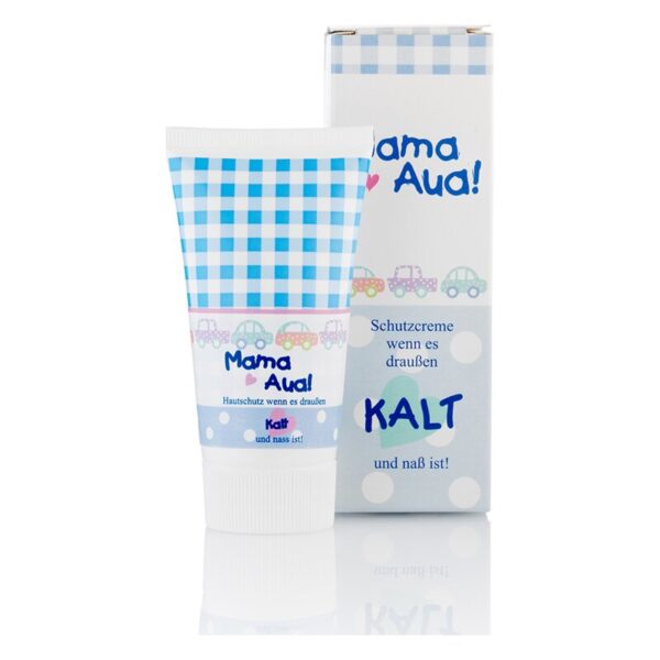 Squeeze-Tube mit blauer karierten Verpackung, enthält Schutzcreme für empfindliche Haut bei kaltem Wetter.