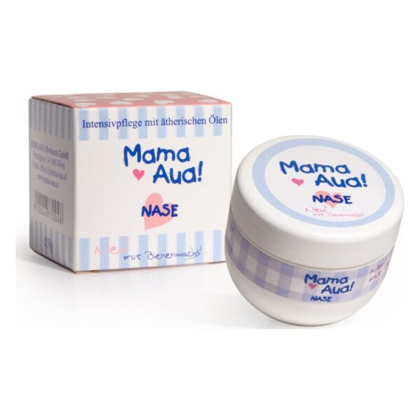 Runde Creme-Dose mit dem Aufdruck 'Mama Aua! Nase' neben einer quadratischen Verpackung mit Streifenmuster.