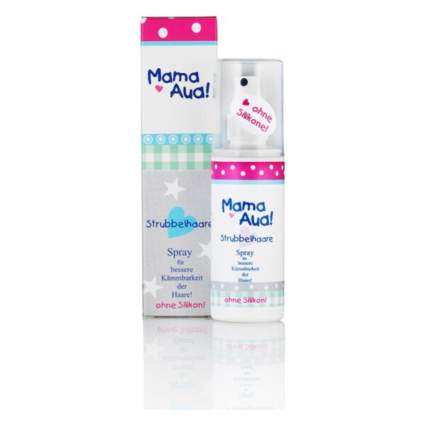 Spray zur besseren Kämmbarkeit der Haare in einer weißen Flasche mit bunten Akzenten und einer Verpackung mit Punkten.