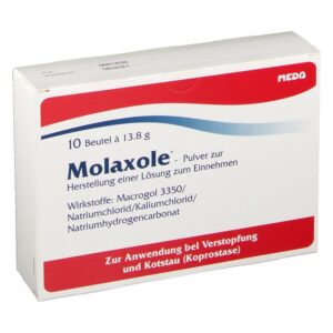 Verpackung von Molaxole, Pulver zur Herstellung einer Lösung gegen Verstopfung, 10 Beutel à 13,8 g.