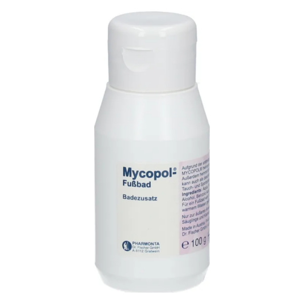 Weißer Kunststoffbehälter mit Schraubverschluss, mit Etikett für Mycopol Fußbad, Badezusatz.