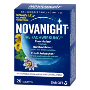 Verpackung von NOVANIGHT mit Hinweis auf die dreifache Wirkung zur Verbesserung des Schlafs und 20 Tabletten.