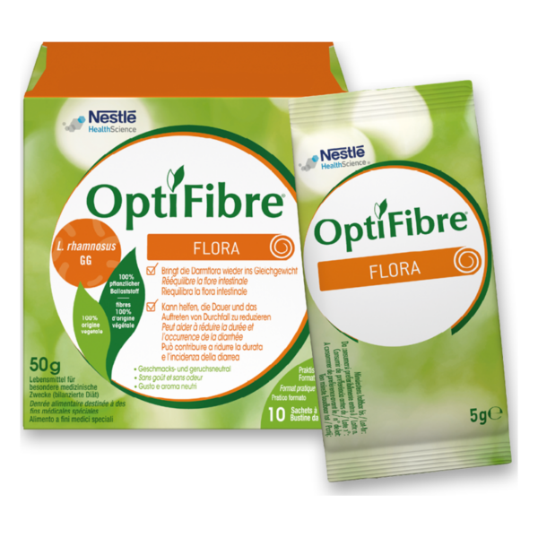 Verpackung von OptiFibre Flora, einem pflanzlichen Ballaststoffprodukt in einer 50g Box mit Einzelportionen.