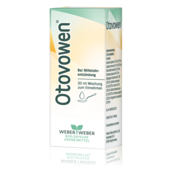 Packung des Arzneimittels Otovowen zur Behandlung von Mittelohrentzündungen, 30 ml, mit Dosierungshinweis.