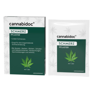 Verpackung von Schmerzpflastern mit CBD in einer Schachtel und einem einzelnen Folienbeutel, dekoriert mit Cannabisblätter.