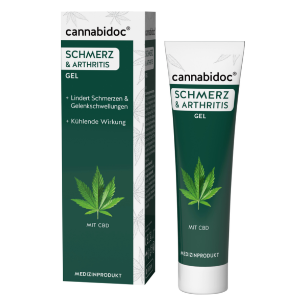 Grünes Schmerz- und Arthritis-Gel in einer Tube neben einer Verpackung mit Pflanzendesign und Hinweisen zur Anwendung.