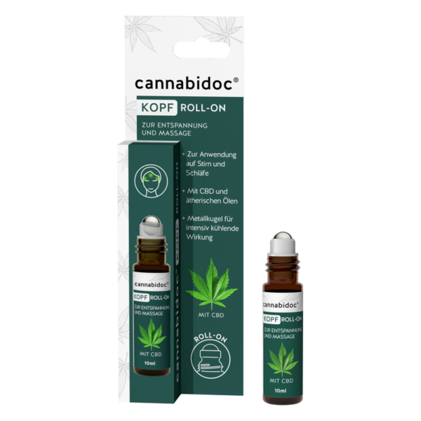 Roll-on mit CBD für Entspannung und Massage, verpackt in einer grünen Kartonverpackung mit metallischer Kugel.