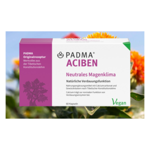 Verpackung von PADMA ACIBEN, einem Nahrungsergänzungsmittel für die Verdauungsfunktion, mit botanischem Design.