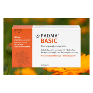 Verpackung von PADMA BASIC Nahrungsergänzungsmitteln mit Kräuterkapseln, orangefarbener und weißer Gestaltung.