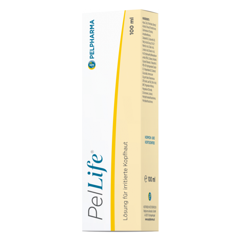 Hochstehende Verpackung der PelLife Lösung für irritierte Kopfhaut, 100 ml, mit Inhaltsstoffen und Anwendungshinweisen auf der Seite.