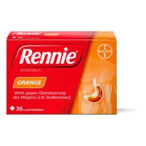 Verpackung von Rennie Orange, einem Antazidum gegen Magenübersäuerung, mit 36 Lutschtabletten.