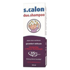 Verpackung eines Duo-Shampoos mit Illustrationen eines Kindes und Hinweisen zur Wirksamkeit und Anwendung.