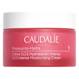 Runde, rosafarbene Cremeverpackung mit Weißem Deckel, beschriftet mit 'Caudalie Vinosource-Hydra S.O.S Intense Moisturizing Cream'.