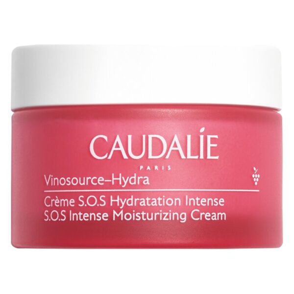 Runde, rosafarbene Cremeverpackung mit Weißem Deckel, beschriftet mit 'Caudalie Vinosource-Hydra S.O.S Intense Moisturizing Cream'.