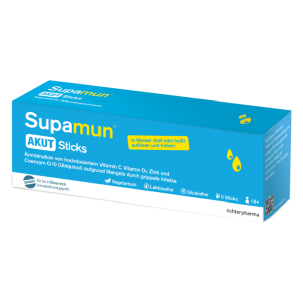 Verpackung von Supamun AKUT Sticks, die hochdosierte Vitamine zur Unterstützung bei grippeähnlichen Infekten anbietet.