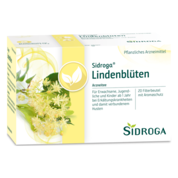 Verpackung von Sidroga Lindenblüten Arzneitee, zeigt einen gelben Hintergrund und Blütenillustrationen.
