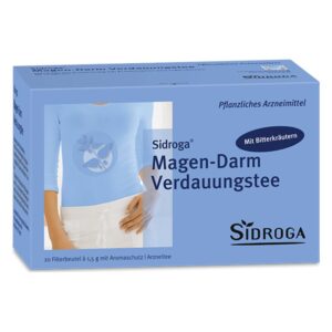 Verpackung von Sidroga Magen-Darm Verdauungstee in blauer Box mit 20 Filterbeuteln und Hinweis auf Bitterkräuter.
