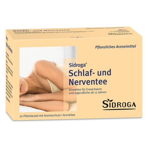 Verpackung von Sidroga Schlaf- und Nerventee mit beschreibendem Text und Bild eines schlafenden Menschen.