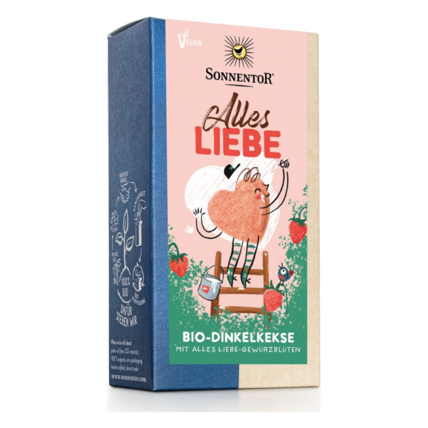Verpackung von Bio-Dinkelkeksen "Alles Liebe" mit illustriertem Herz und floralen Motiven, vegan und nachhaltig.