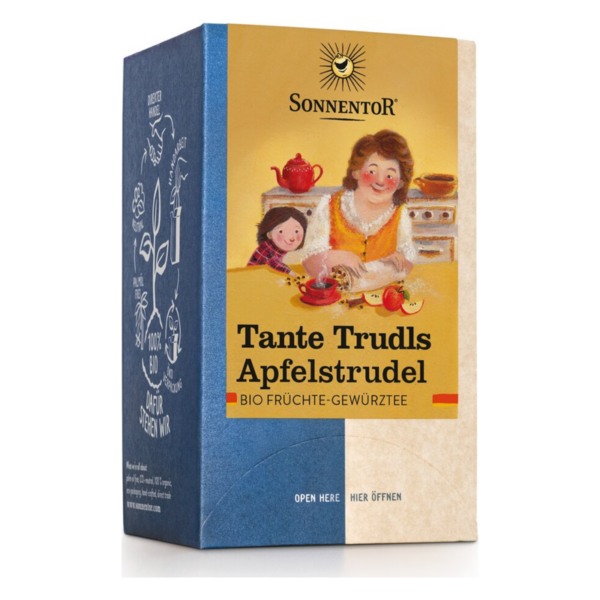 Verpackung von Tante Trudls Apfelstrudel, einem Bio-Früchtetee mit farbenfrohem, illustrativem Design.