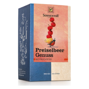 Verpackung von Sonnentor Bio Früchte-Tee mit Preiselbeergeschmack, farbenfrohes Design und Grafik einer Tasse mit Beeren.