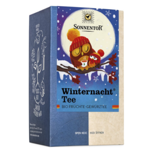 Verpackung des Sonnentor Winternacht Tees, gestaltet mit Eulen in winterlicher Szenerie.