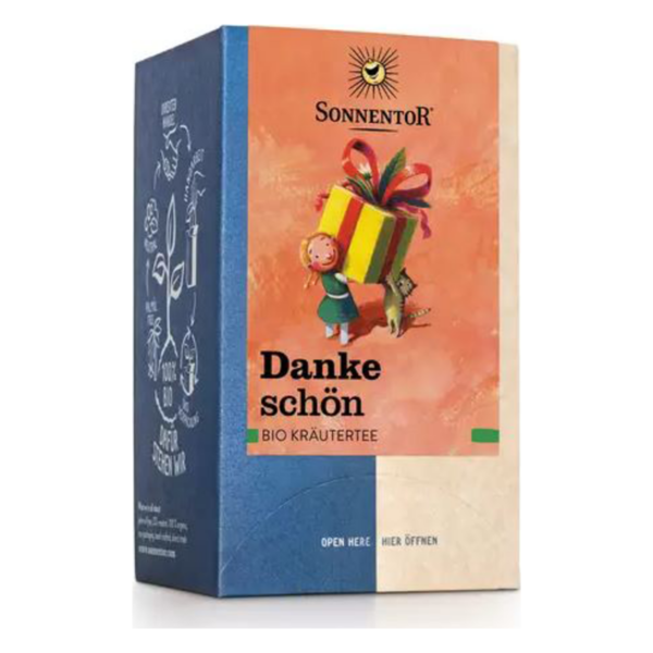 Verpackung von BIO Kräutertee mit einem Jungen, der ein Geschenk hält, und einem Tier auf einem farbigen Hintergrund.