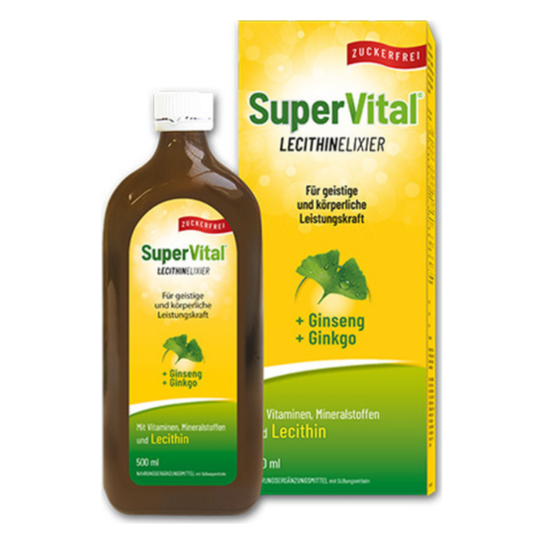 Flasche SuperVital Lecithin Elixier in braun mit gelbem Etikett, umgeben von der Verpackung, die Ginseng und Ginkgo anpreist.