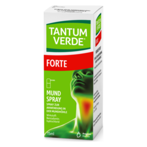 Packung des Tantum Verde Forte Mundsprays, grüne Farbe, Anwendungsgebiet in der Mundhöhle, 15 ml.