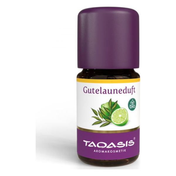 Braunglasflasche mit lila Kappe, etikettiert mit "Gutelauneduft" und Bio-Siegel.