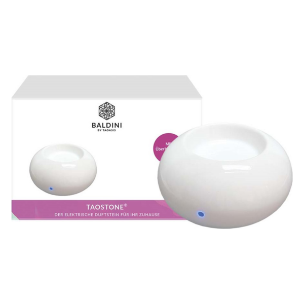 Ein elektrischer Duftstein in Form einer weißen Kugel neben einer Verpackung mit dem Logo "Baldini by Taoasis".