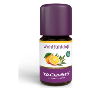 Brauner Glasflasche mit lila Deckel, beschriftet mit "Wohlfühlduft" und Bio-Siegel, mit Abbildung einer Orange.