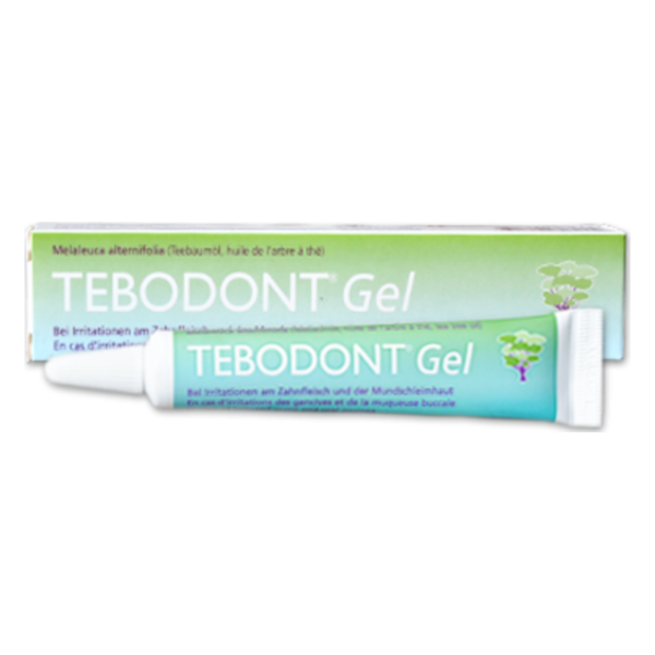 Tebodont Gel in einer grünen Tube mit einer weißen Verschlusskappe, verpackt in einem farblich passenden Karton.