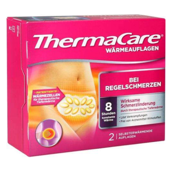 Verpackung von ThermaCare Wärmepflastern zur Linderung von Regelschmerzen mit Informationen zu Wirkungsdauer und Inhaltsangabe.