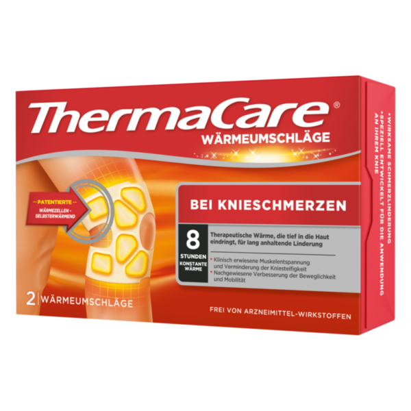 Verpackung von ThermaCare Wärmeschlägen für Knieschmerzen, bietet 8 Stunden therapeutische Wärme.