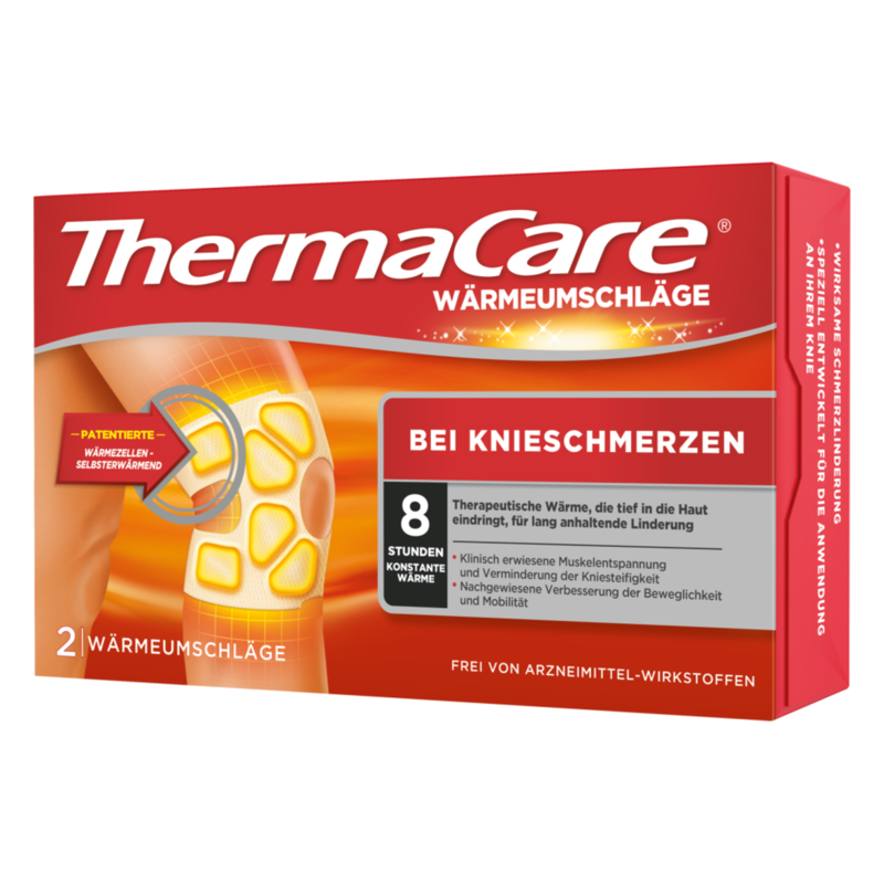 Verpackung von ThermaCare Wärmeschlägen für Knieschmerzen, bietet 8 Stunden therapeutische Wärme.