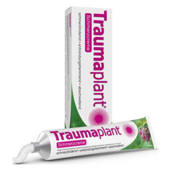 Tube und Verpackung der TraumaPlant Schmerzcreme mit einer grünen und lila Farbgestaltung.