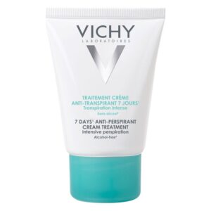 Eine Tube mit einer anti-transpirierenden Creme von Vichy, weiß mit mintgrüner Verschlusskappe, alkoholfrei.
