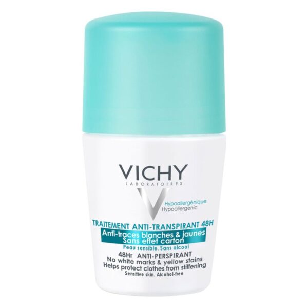 Antitranspirant von Vichy in Roll-On-Form, mit hellem Flakon und türkisfarbenem Deckel, hypoallergen und alkoholfrei.