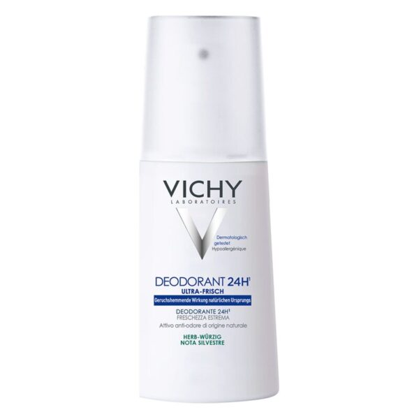 Roll-on Deodorant von Vichy mit 24-Stunden-Wirkung, hypoallergen und dermatologisch getestet, in weißer Verpackung.