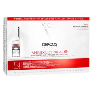 Verpackung von Vichy Dercos Aminexil Clinical 5, einem Haarpflegeprodukt für Frauen gegen Haarausfall, mit Beschreibung der Hauptinhaltsstoffe und Anwendung.