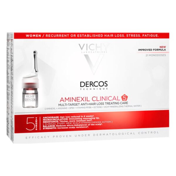 Verpackung von Vichy Dercos Aminexil Clinical 5, einem Haarpflegeprodukt für Frauen gegen Haarausfall, mit Beschreibung der Hauptinhaltsstoffe und Anwendung.