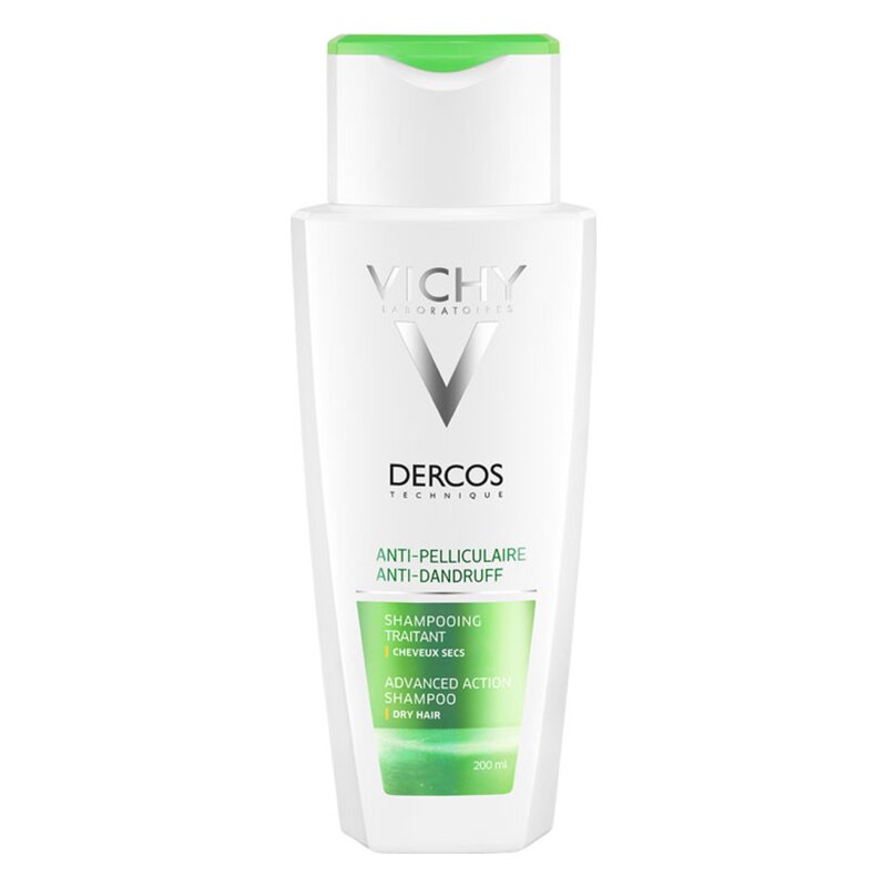 Vichy Dercos Anti-Schuppen-Shampoo in einer weißen Flasche mit grünem Deckel und 200 ml Inhalt.